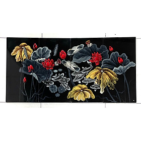Mua Bộ Tranh sơn mài Thanh Bình Lê 4 tấm- Hoa Sen  đắp nổi 3D size 60x120 cm hàng xuất khẩu