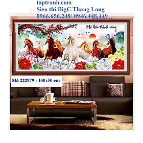 Tranh thêu chữ thập mã đáo thành công 222979 chưa thêu, tranh thêu 8 con ngựa
