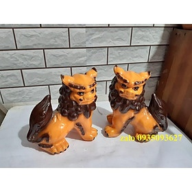 Cặp tượng kỳ lân bằng gốm men cam D20*C25 cm