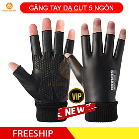 Găng tay da cụt 5 ngón - Găng tay da đi xe máy mùa đông cho nam nữ, da mềm thật tay, cổ tay dài 8cm, lót lông mềm ấm