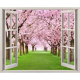 Tranh dán tường cửa sổ 3D cảnh hoa đào 0024