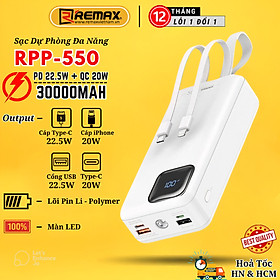 Pin Sạc Dự Phòng 30000mAh Remax RPP-550 Tích Hợp 2 Cáp Sạc Nhanh PD 22.5W QC 3.0 - Hàng Chính Hãng Remax