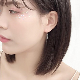 Khuyên tai bông tai Hoàn xu nữ thanh thẳng đính đá vòng móc dây tua rua màu bạc