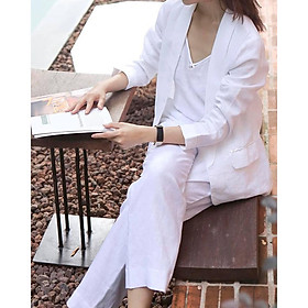 Set bộ 3 món vest blazer ve tròn công sở + Quần ống rộng + Áo ghi lê trẻ trung ArcticHunter, chất vải linen tự nhiên mềm mại