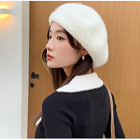 Mũ nồi len lông cừu phong cách Hàn mới, nón nồi nữ thời trang mới màu trắng