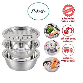 Mua ️ Bộ 3 Món Bào ️ Nạo Rau Củ Kiêm Rổ và Chậu Inox Cao cấp Đa Năng PaKaSa - Hàng chính hãng