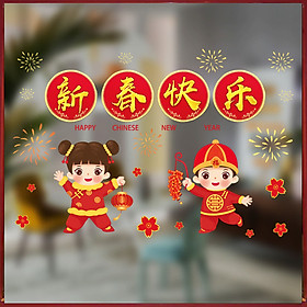 Decal trang trí nhà cửa, tết- 2 bé chúc tết- NAMJ946