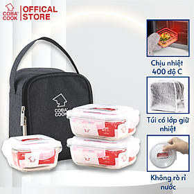 Mua Bộ 3 hộp đựng cơm thức ăn trữ thực phẩm thủy tinh cường lực  chịu nhiệt COBA COOK 2 chữ nhật 370ml + 1 vuông 320ml và 1 túi giữ nhiệt - CCL3S33BS