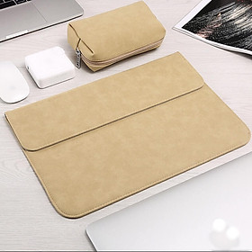 Bao da, túi da, cặp da chống sốc cho macbook, laptop chất da lộn kèm ví đựng phụ kiện - Vàng Cát - Macbook Pro 15 inch đời 2019-2020