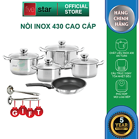 Bộ Nồi Và Chảo Chống Dính Inox 430 Bếp Từ 3 Đáy 5 Món Nắp Kính Fivestar