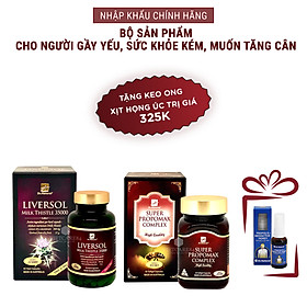 Bộ sản phẩm nhập khẩu chính hãng cho người gầy yếu, sức khỏe kém, muốn tăng cân gồm: Viên uống keo ong SUPER PROPOMAX COMPLEX (60 viên) và Viên uống bổ gan LIVERSOL MILK THISTLE (60 viên)