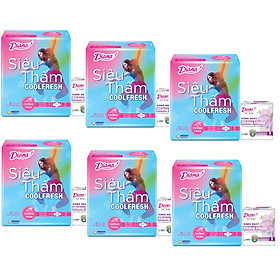 Bộ 6 Gói Băng vệ sinh Diana siêu thấm cool fresh siêu mỏng cánh 08 miếng (TẶNG 6 GÓI SENSI HÀNG NGÀY KHÁNG KHUẨN (8 MIẾNG/GÓI))