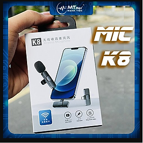 Micro thu âm cài áo, kẹp áo không dây K8 đầu kèm jack chuyển đổi i phone – Chống ồn, chống nhiễu, độ nhạy cao – Quay video, livestream, ghi âm, vlog, học online, chơi game, Zoom cho điện thoại, tablet, laptop, PC – Mic thu âm khoảng cách 20m