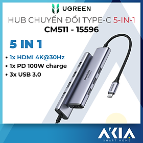 Hub Ugreen USB Type C 5-in-1 CM511 - Có cổng HDMI 4K, Hỗ trợ sạc PD - 15596 - Hàng chính hãng