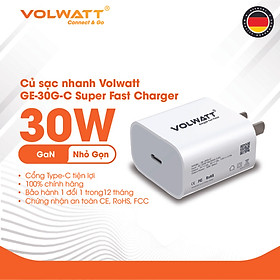 Củ sạc nhanh Volwatt GE-30G-C Super Fast Charger dùng cho iPhone/ Samsung/ OPPO... (30W, Type C, PD/ QC3.0 Quick charger) - Hàng chính hãng - Bảo hành 12 tháng