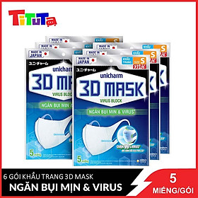 Bộ 6 Gói Khẩu Trang Ngăn Virút Unicharm 3D Mask Virus Block (5 Cái / Gói)