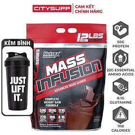 Combo Thực Phẩm Chức Năng Sữa tăng cân tăng cơ Mass Infusion của Nutrex hương Chocolate bịch Lớn 5.45kg hỗ trợ tăng cân, tăng cơ nhanh cho người gầy kén ăn, khó hấp thụ thức ăn  & Bình lắc 600 ml (Màu Ngẫu Nhiên)