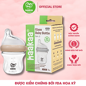 Bình sữa thủy tinh Gen.3 Haakaa. Không chứa BPA, PVC và phthalate. Chống sặc, chống đầy hơi cho bé. Dung tích 90ml và 160ml