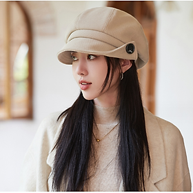 Mũ bê rê nỉ trơn đính cúc cao cấp mới, nón beret có vành nữ phong cách Hàn