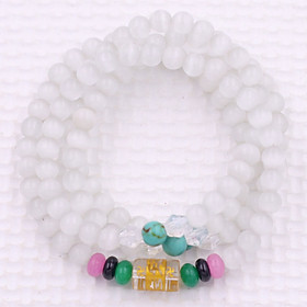 Bộ Vòng Chuỗi, Tràng Hạt 108 Hạt 6 Ly Đá Mắt Mèo Trắng Charm Lục Tự Chân Ngôn - Tràng Chuỗi Niệm Phật - An Yên - Thịnh Vượng - May Mắn - Tài Lộc