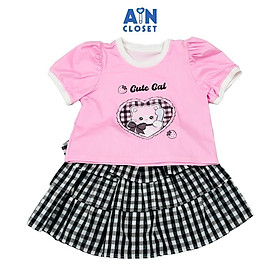Set Áo Váy bé gái họa tiết Caro Mèo Đen Cotton - AICDBGPG4GTX - AIN Closet