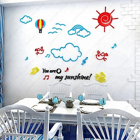 Tranh dán tường mica 3d decor khổ lớn bầu trời trong xanh và mây trắng trang trí mầm non, mẫu giáo, phòng cho bé