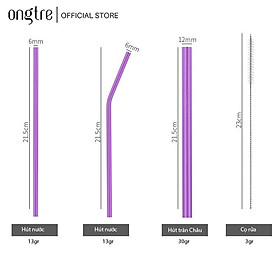 Ống Hút Inox ONGTRE Nhiều Màu Đủ Size, Thép Không Gỉ (Kèm Cọ Cước, Túi Vải)