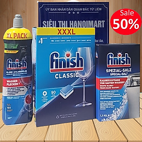 Combo viên rửa chén bát finish all in 1 hộp 90 viên + muối rửa ly finish 1,5kg + nước làm bóng finish 1150ml