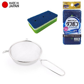 Combo vợt lọc thực phẩm inox Echo φ15cm + mút rửa xoong nồi 2 mặt thô/mịn - made in Japan