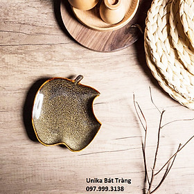 Đĩa táo cắn dở men gấm vàng (4 size) - Khay hình quả táo men hỏa biến - Gốm Unika Bát Tràng