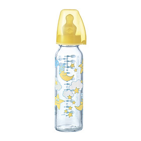Bình sữa thủy tinh 250ml cổ thường Nip núm cáo su chỉnh nha chống sặc cỡ 1 0-6 tháng dòng chảy vừa ( Họa tiết ngẫu nhiên)