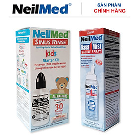Combo Baby 24h Care: Bình Xịt Rửa Vệ Sinh Mũi Xoang NeilMed Sinus Rinse & Spray Kids -SX Mỹ, hỗ trợ điều trị Sổ Mũi, Nghẹt Mũi và Viêm Mũi Cho Bé (Bình 30 gói muối rửa; 1 chai xịt phun sương 75ml)