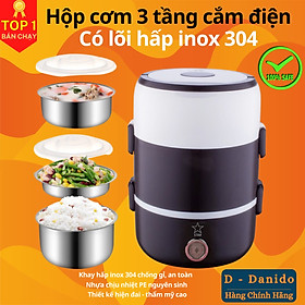 Bộ hộp cơm giữ nhiệt văn phòng cao cấp inox, Cặp lồng cơm 3 tầng cắm điện - Chính hãng D Danido