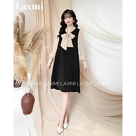 Váy bầu thời trang đầm thiết kế áo sơ mi trắng cổ bèo váy suông đen chất lụa hàn châu 5.0