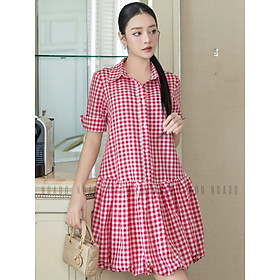 Đầm babydoll caro đỏ cổ sơ mi NGADO , đầm caro , đầm Nữ