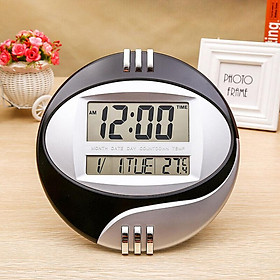 Đồng hồ treo tường kỹ thuật số Thiết kế hiện đại Thiết kế đồng hồ treo tường radio điều khiển với nhiệt kế và đồng hồ báo thức màn hình LCD lớn để trang trí bàn làm việc phòng khách (màu đen)