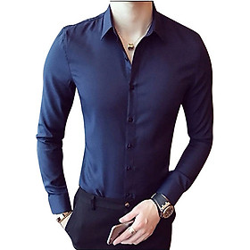 Áo sơ mi nam Trắng Cúc Đen không nhăn, Sơ mi nam trơn dáng ôm Body Hàn quốc - Xanh đen Size XXL