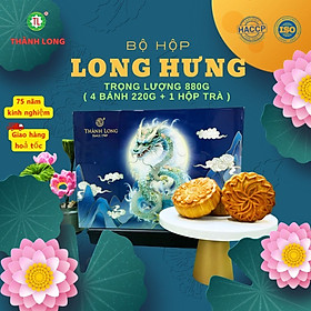 Bộ hộp Bánh trung thu 4 bánh 2 trứng 220g cao cấp tráng gương Long Hưng - Thành long - 880g - tặng 1 hộp trà - VIỆT NAM