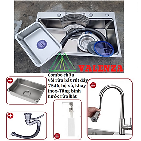 Mua Combo chậu rửa chén bát 1 hố lớn Valenza dạng ĐÚC dày 3 5 li kiểu dáng Hàn Quốc inox 304 100% kèm vòi rửa bát rút dây Valenza sus304  bộ xả to ngăn mùi  khay inox kín-TẶNG BÌNH NƯỚC RỬA CHÉN