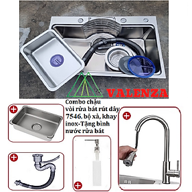 Combo chậu rửa chén bát 1 hố lớn Valenza dạng ĐÚC dày 3,5 li kiểu dáng Hàn Quốc inox 304 100% kèm vòi rửa bát rút dây Valenza sus304, bộ xả to ngăn mùi, khay inox kín-TẶNG BÌNH NƯỚC RỬA CHÉN