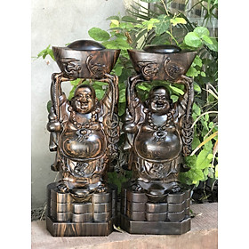 Tượng phật di lặc hai tay dâng tiền vàng bằng gỗ mun hoa kt cao 60×24×14cm