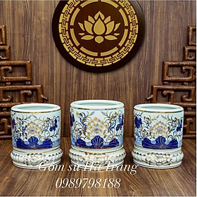 Mua Một bát hương gốm sứ Bát Tràng cao cấp vẽ vàng hoạ tiết sen phú quý đường kính 22cm kèm đế sứ