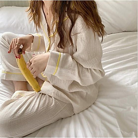 Set đồ ngủ dài viền cổ chất cotton đũi cao cấp S008