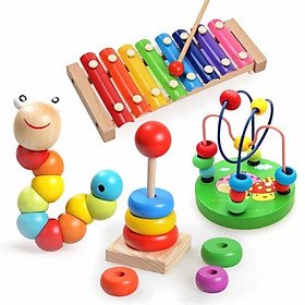 Combo 4 món đồ chơi gỗ tiết kiệm gồm luồn hạt + tháp cầu vồng + sâu gỗ + đàn
