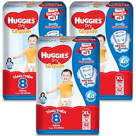 Combo 3 Gói Tã Quần Huggies Dry Gói Cực Đại XL62 (62 Miếng) - Tặng 8 miếng