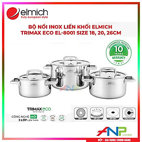 Bộ Nồi INOX 3 Lớp Liền Khối Elmich Trimax ECO EL-8001 (Bộ 3 Nồi Size 18, 20, 26cm) - HÀNG CHÍNH HÃNG