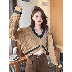 Áo Croptop Len Nữ Dài Tay Cổ Tim Trơn Dáng Ngắn Phối Viền 2 Màu