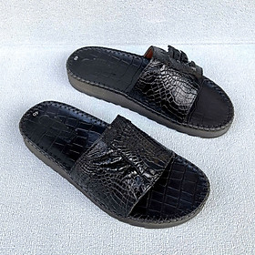 Dép nam quai ngang da cá sấu đế cao 3cm 2 loại móng, trơn 2 màu nâu đen DCS200