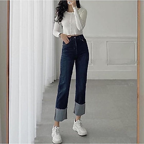 JEANS SUÔNG GẤP LAI BẢN TO LƯNG CAO