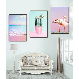 Bộ 3 tranh canvas treo tường kèm khung tranh Pink Flamingo